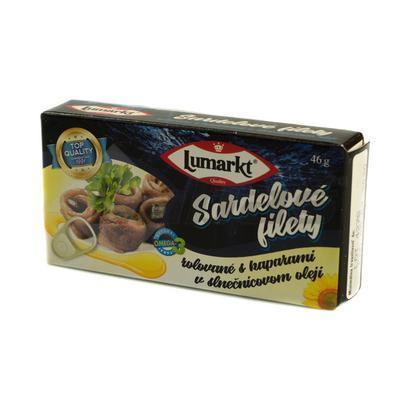 SARDELOVÉ FILETY V OLEJI ROLOVANÉ S KAPARAMI 46g / PP 26g /SLANÉ OČKÁ/ LUMARKT