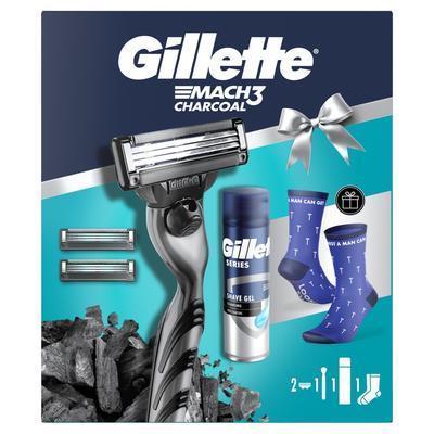 BALÍČEK DARČ. GILLETTE MACH3 CHARCOAL STROJČEK + 2NH + GILLETTE CLEANSING GEL 200ml + PONOŽKY