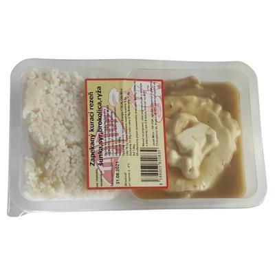 HOTOVÉ JEDLO REZEŇ KURACÍ ZAPEKANÝ ŠUNKA,SYR,BROKOLICA, RYŽA 500g MIČO